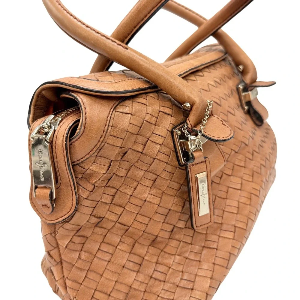 Cole Haan Woven Leather Doctor Satchel Bag Cognac Genevieve Y2K Boho Festival